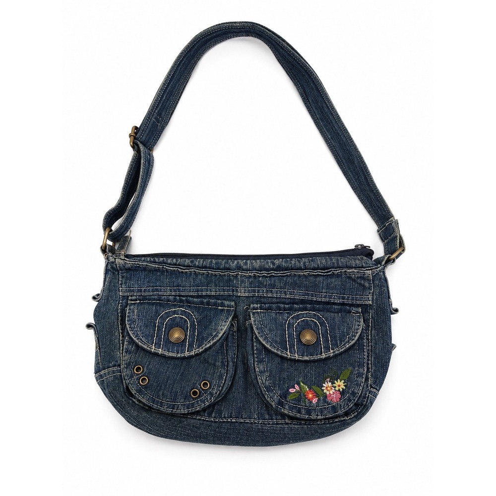 Vintage Y2K 2000s Denim Floral Embroidered Multi Pocket Chic Shoulder Bag Purse